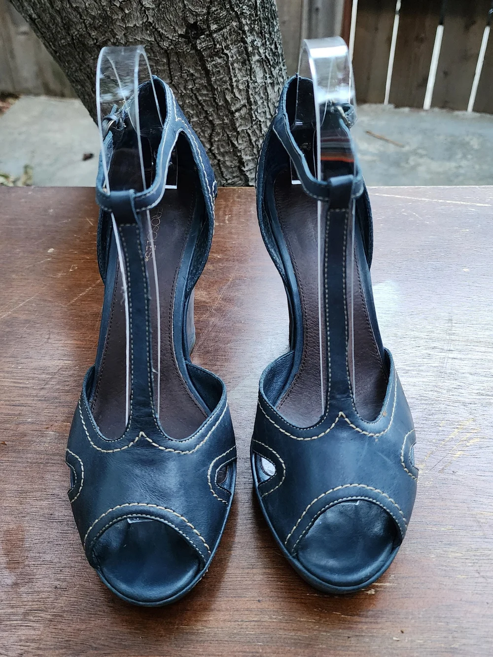 Aerosoles Navy Blue Leather T-Strap Peep Toe Block Heels Size 8